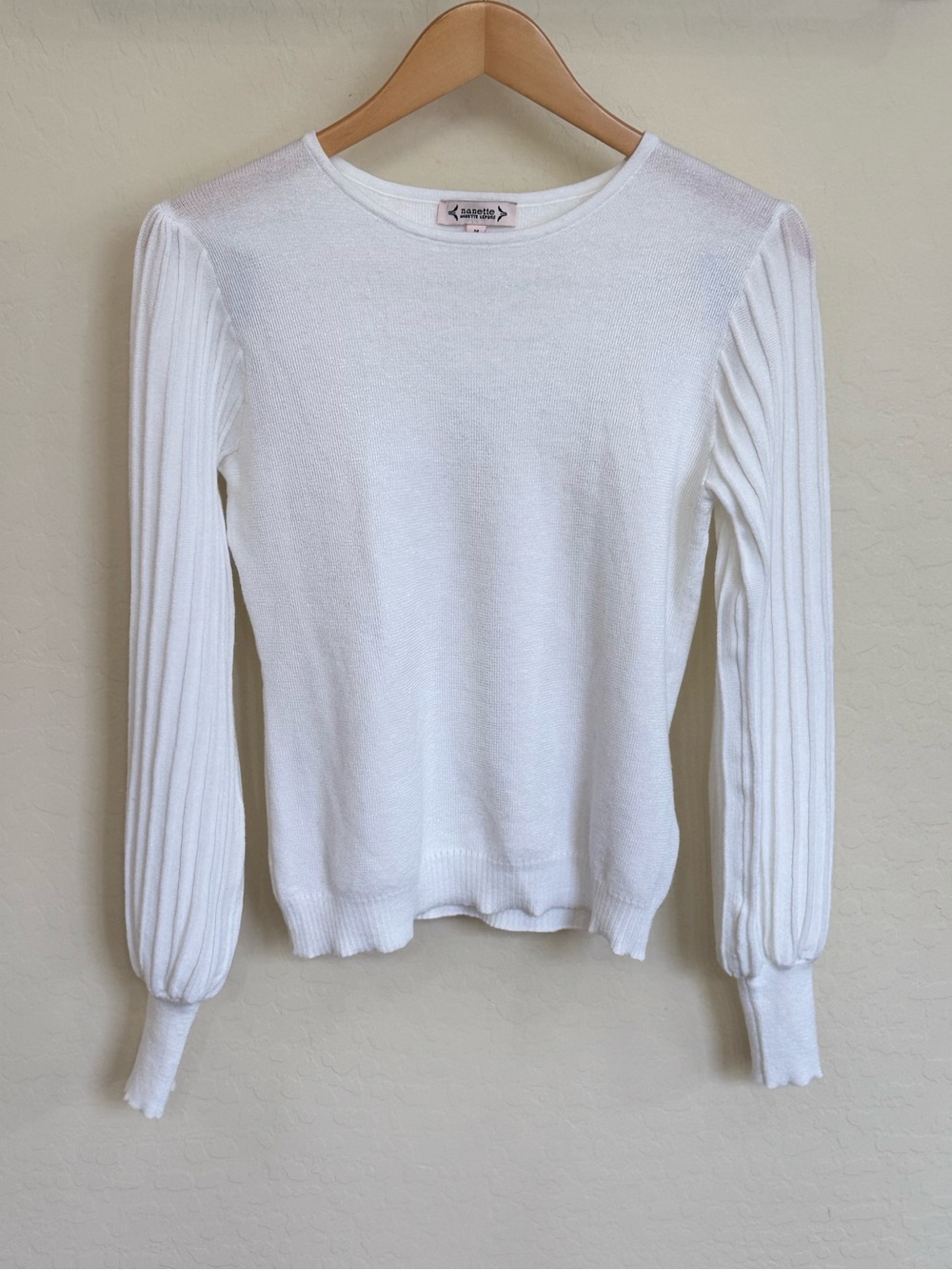 Nanette Lepore Shimmer Knit Pleated Balloon Sleeve Sweater White Gold Button M